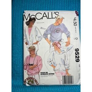 McCalls Sewing pattern 9529 unisex sweatshirt cardigan hoodie 1980s size small